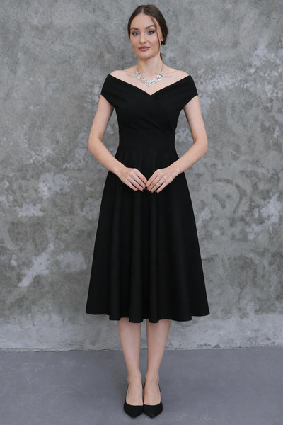 MAG FASHİON Kayık Double-Breasted Yaka Düşük Omuz Woven Drapey Kumaş Etek Klo...