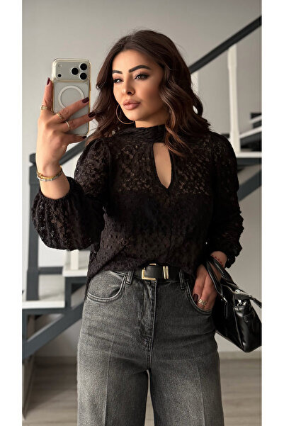 Oslove Black lace blouse with tie detail