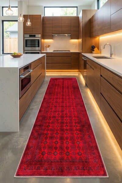 VOPTEKS Kırmızı Halı Mutfak Halısı Makinede Yıkanabilir Halı Kaymaz Taban Halı