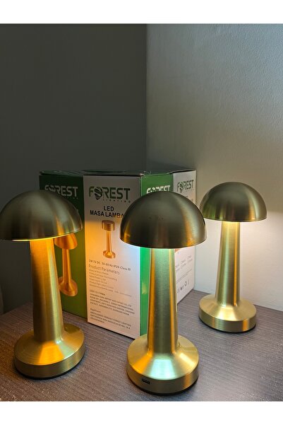 Forest Led Masa Lambası Mantar Gold Renk Kasalı 3 Renkli Mod Dokunmatik Sarjlı