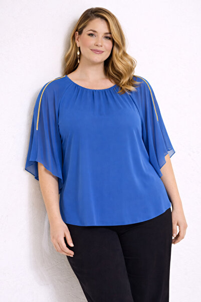Şans Women's Plus Size Cobalt , Chiffon Yarasakol, Shoulder Stone Striped Det...