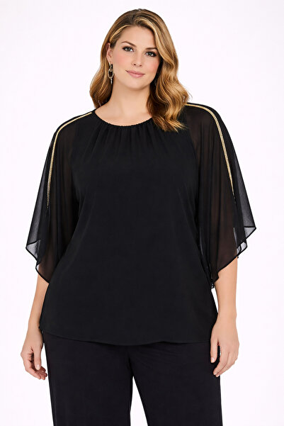 Şans Women's Plus Size Black, Chiffon Yarasakol, Shoulder Stone Striped Detai...