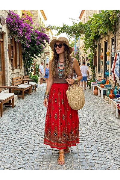 AYASOFYA OTANTIK Γυναικεία μακριά φούστα με ινδικό κέντημα από παγιέτες