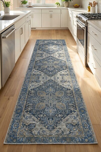 VOPTEKS Lacivert Halı Mutfak Halısı Makinede Yıkanabilir Halı Kaymaz Taban Halı
