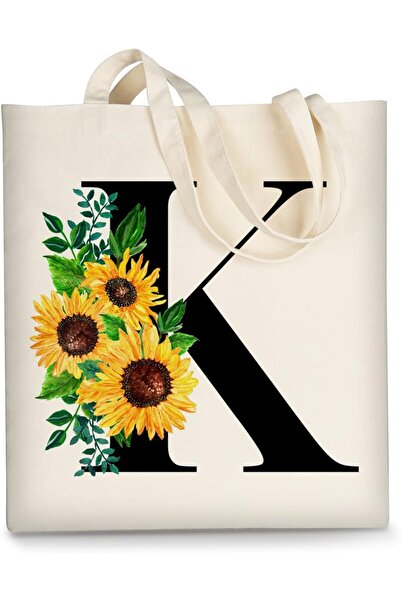 NASAQ Cute Sunflower Initial Canvas Tote Bag Aesthetic for Women