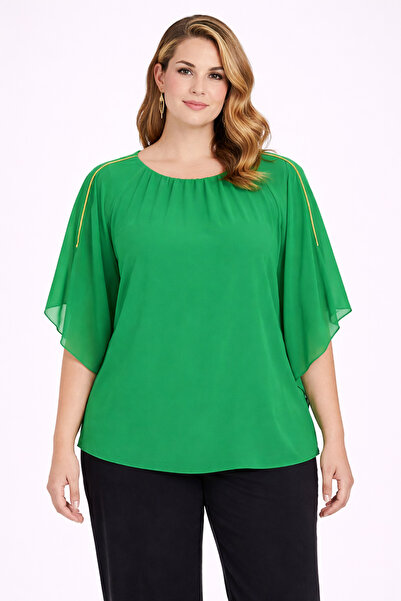 Şans Women's Plus Size Green, Chiffon Yarasakol, Shoulder Stone Striped Detai...