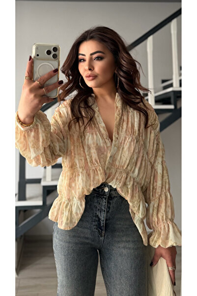 Oslove Beige-powder floral pattern shirt