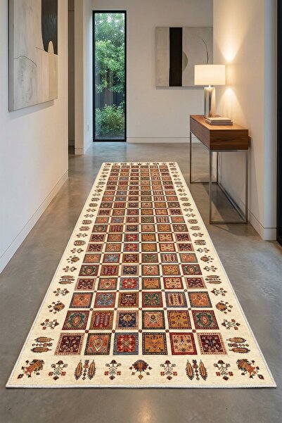 VOPTEKS Renkli Bej Halı Yolluk Makinede Yıkanabilir Halı Kaymaz Taban Halı