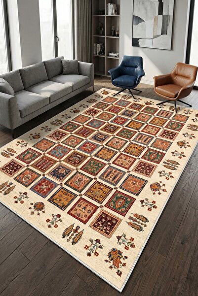 VOPTEKS Renkli Bej Halı Salon Halısı Makinede Yıkanabilir Halı Kaymaz Taban Halı