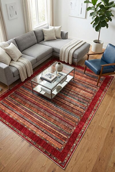 VOPTEKS Renkli Kırmızı Halı Salon Halısı Makinede Yıkanabilir Halı Kaymaz Tab...