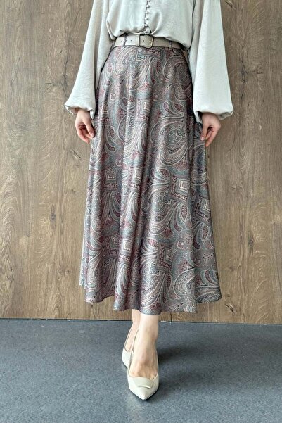 Şulemoda Giyim Ebruli Pattern Satin Skirt Mint