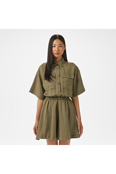 Lacoste Kadın Flare Fit Kısa Kollu Gömlek Yaka Haki Elbise