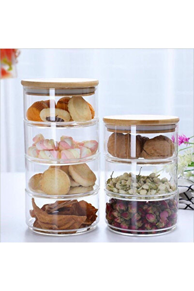 Home Box برطمان تخزين طعام زجاجي زين ثلاثي الطبقات مع غطاء من بامبو - 10×10×1...