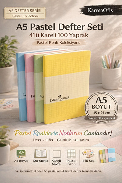 Faber Castell A5 Pastel Notebook Set of 4 – 100 Sheets Checked A5 Notebooks P...