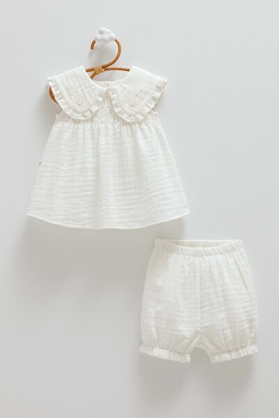Caramell Smile Collar Detail Muslin Top and Bottom Set Ecru