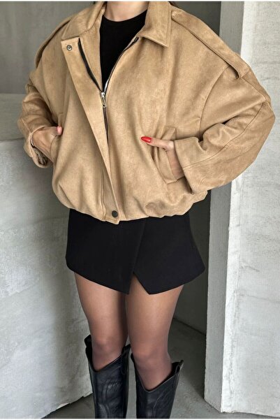 02Lady Fashion Oversized Suede Jacket with Bomber Epaulet Detail