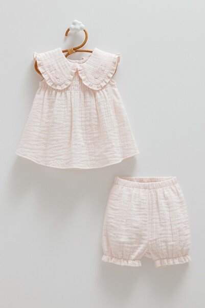 Caramell Smile Collar Detail Muslin Top and Bottom Set Pink