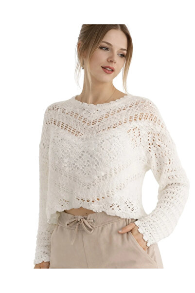 bysoca Women's White Crew Neck Long Sleeve Geometric Lace-Like Knit Crochet K...