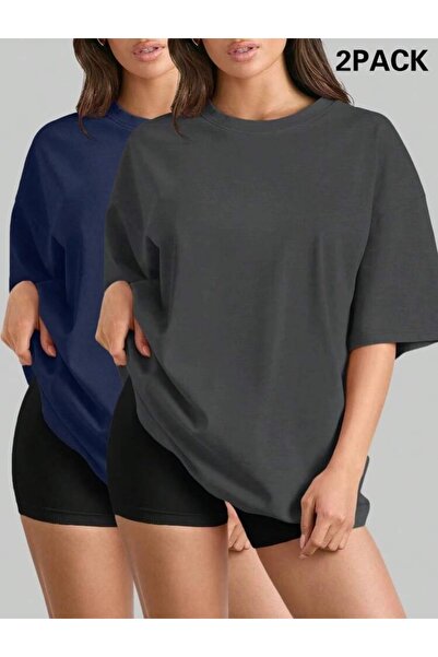 DEZZİİ 2-Piece Smoked and Navy Blue Oversized T-Shirt Set