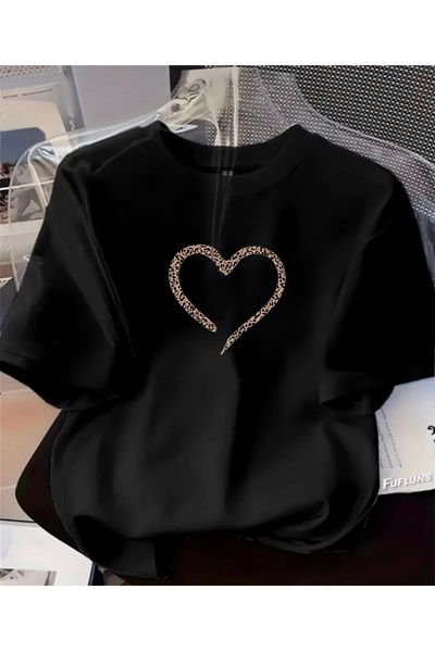 FUFLUNS تي شيرت بطبعة قلب من ليوباردلي للجنسين، مقاس كبير، برقبة دائرية، للنس...