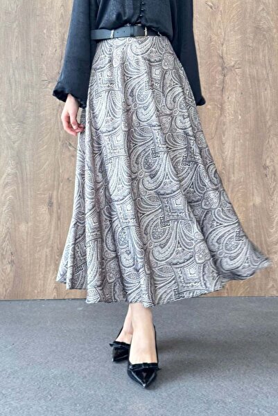 Şulemoda Giyim Ebruli Pattern Satin Skirt Black