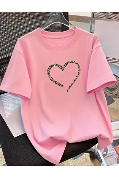 FUFLUNS Leopard Heart Printed Unisex Women'S/Men's Oversize Crewneck T-Shirt