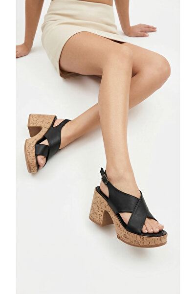 Limeo Cross Striped Open Front Women's High Straw Look Cork Wedge Heel Sandal...