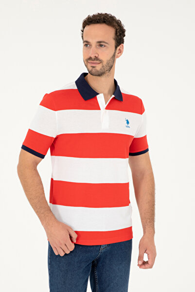 U.S. Polo Assn. Tricou Polo Bărbați Alb/ Roșu Aprins Cu Broderie Logo