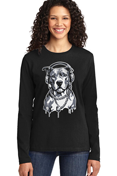 ROCKANDROLL Kolyeli Pit Black Crew Neck Long Sleeve Combed Cotton Women's T-S...