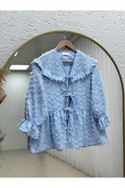 MİHRA STORE Goncagül Bağlamalı Saçaklı Hırka-NA869 Mavi