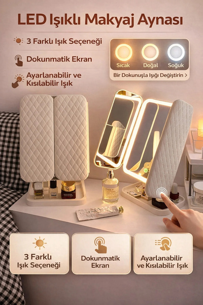 Tilbe Home LED Işıklı Makyaj Aynası Renkli Dokunmatik Büyüteçli Şarjlı Katlanabilir Masaüstü Stüdyo Ayna Beyaz