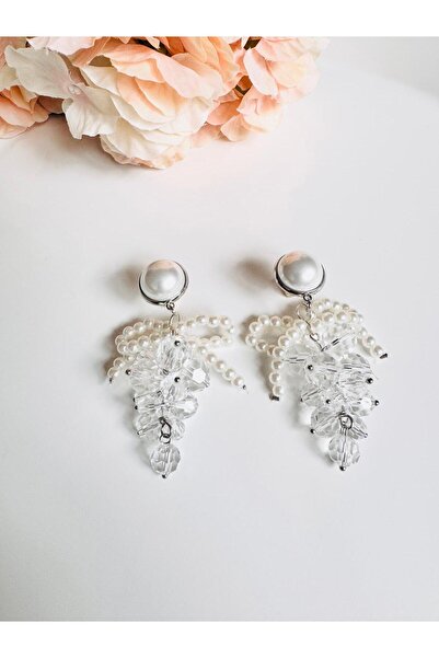 DEVİ fashion Bowknot Pearl Crystal Cluster Earrings 7 cm