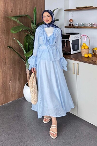 Şulemoda Giyim Double-Breasted Collar Ruffle Skirt Suit Blue