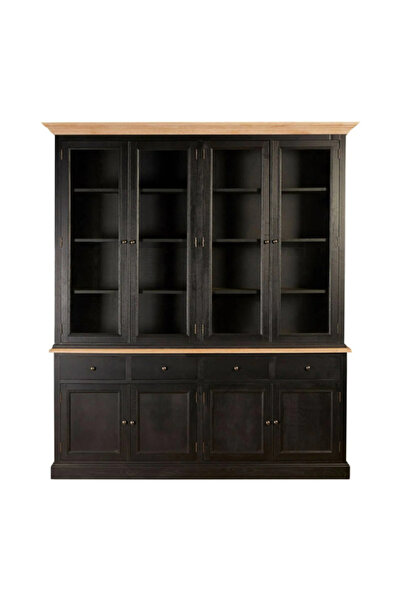 feruzadeco Ahşap Siyah Büyük Vitrin Dolap – 200 cm Cam Kapaklı Kitaplık