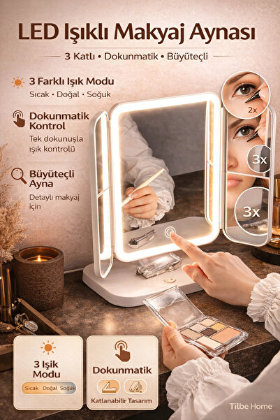Tilbe Home LED Işıklı Makyaj Aynası 3 Katlı Dokunmatik Büyüteçli USB Şarjlı K...