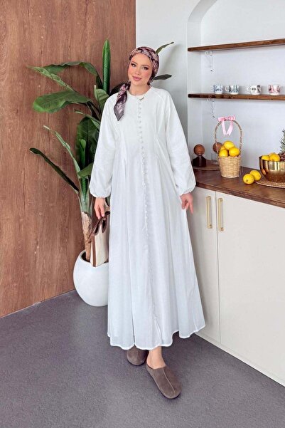 Hazamoda Boydan Düğmeli Elbise Beyaz