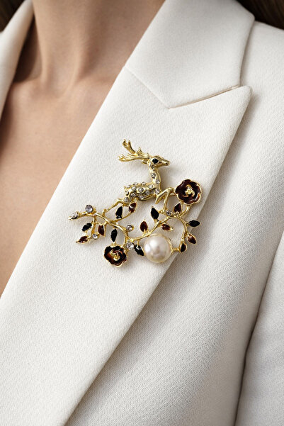 MRK COLLECTİON Kadın İncili Taşlı Geyik Broş