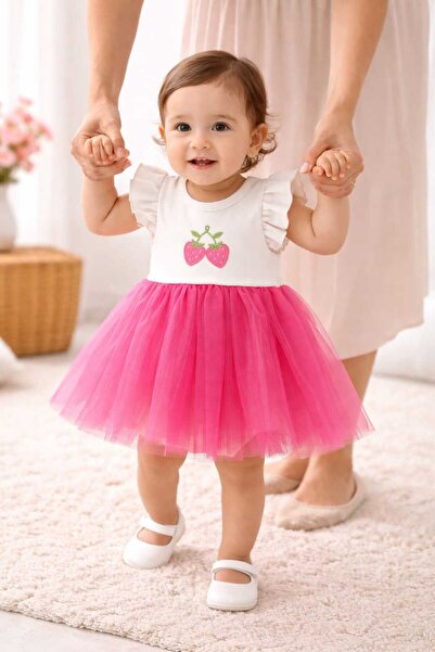 Necix's Baby Girl Strawberry Embroidered Tulle Piece Dress – Ruffled Shoulder...