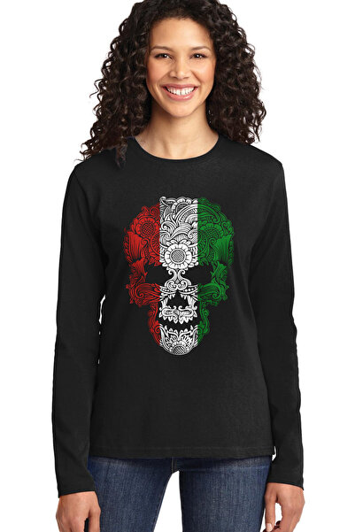 ROCKANDROLL Italian Skull Black Crew Neck Long Sleeve Combed Cotton Women's T...