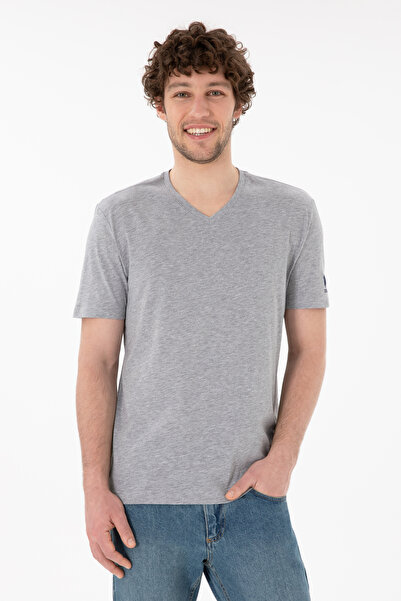 U.S. Polo Assn. Tricou Bărbați Gri Melange Cu Decolteu În V Și Logo Brodat Pe...