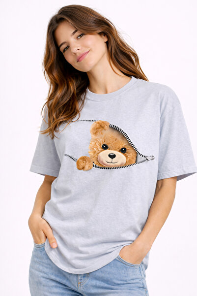 NEVERMIND Zippered Teddy Bear Printed Women's T-Shirt Oversized Cute Teddy Be...