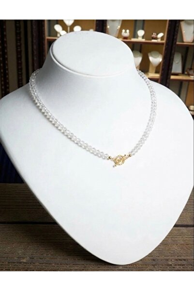 Taşmir Kristal Kuvars Doğal Taş Kolye 6 mm - Pirinç Altın Kaplama T Kilit Aparat