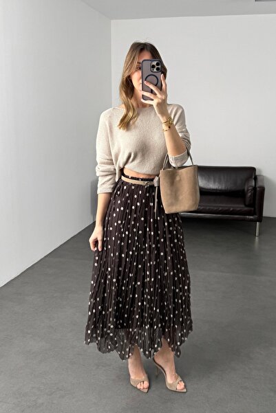 5in1Canpolat Brown Polka Dot Piece Chiffon Skirt 261028