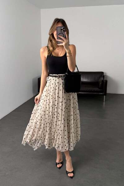 5in1Canpolat Beige Polka Dot Piece Chiffon Skirt 261028
