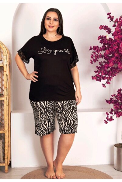 by İGP Black Short-Sleeved Large Size Patterned Shorts Set
