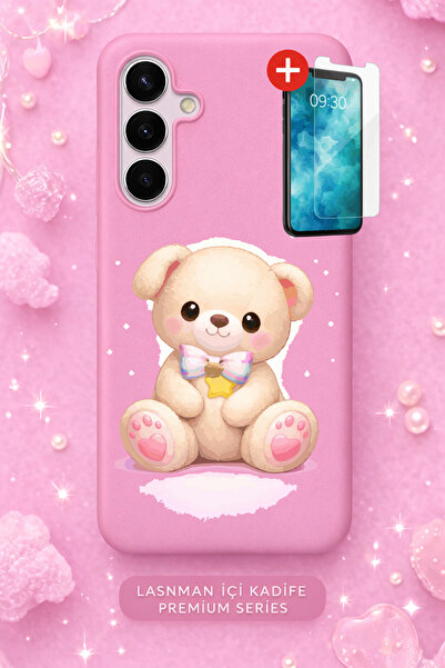 Rulet Aksesuar حافظة هاتف جالاكسي A14 مخمل ذات سطح داخلي وردي منقوش + شاشة زج...