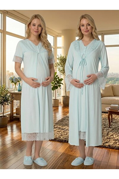 Lohusa Homewear Νέα σεζόν Τιρκουάζ Καλοκαιρινό Νυχτικό Εγκυμοσύνης με Κουμπιά...