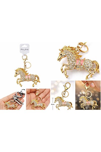 Bittox lüks Taşlı At Figürlü Anahtarlık-Altın Renk Kristal Taşlı Şık Çanta ve...