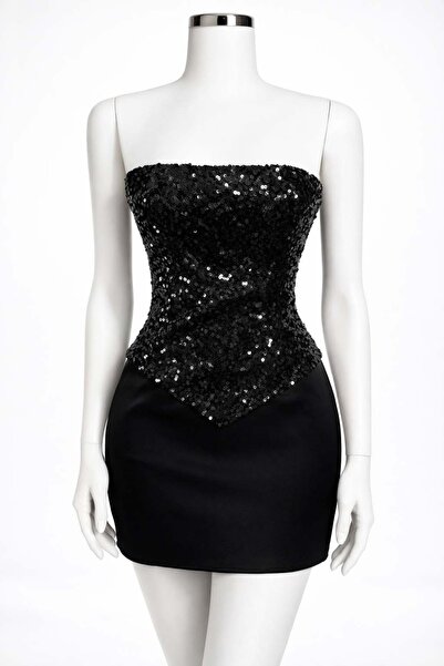 DANIELITE COUTURE Corset cu paiete negre si fusta mini