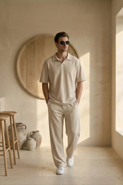 MADZEYMODA طقم رياضي صيفي للرجال باللون البيج، تي شيرت بياقة بولو، سروال فضفا...